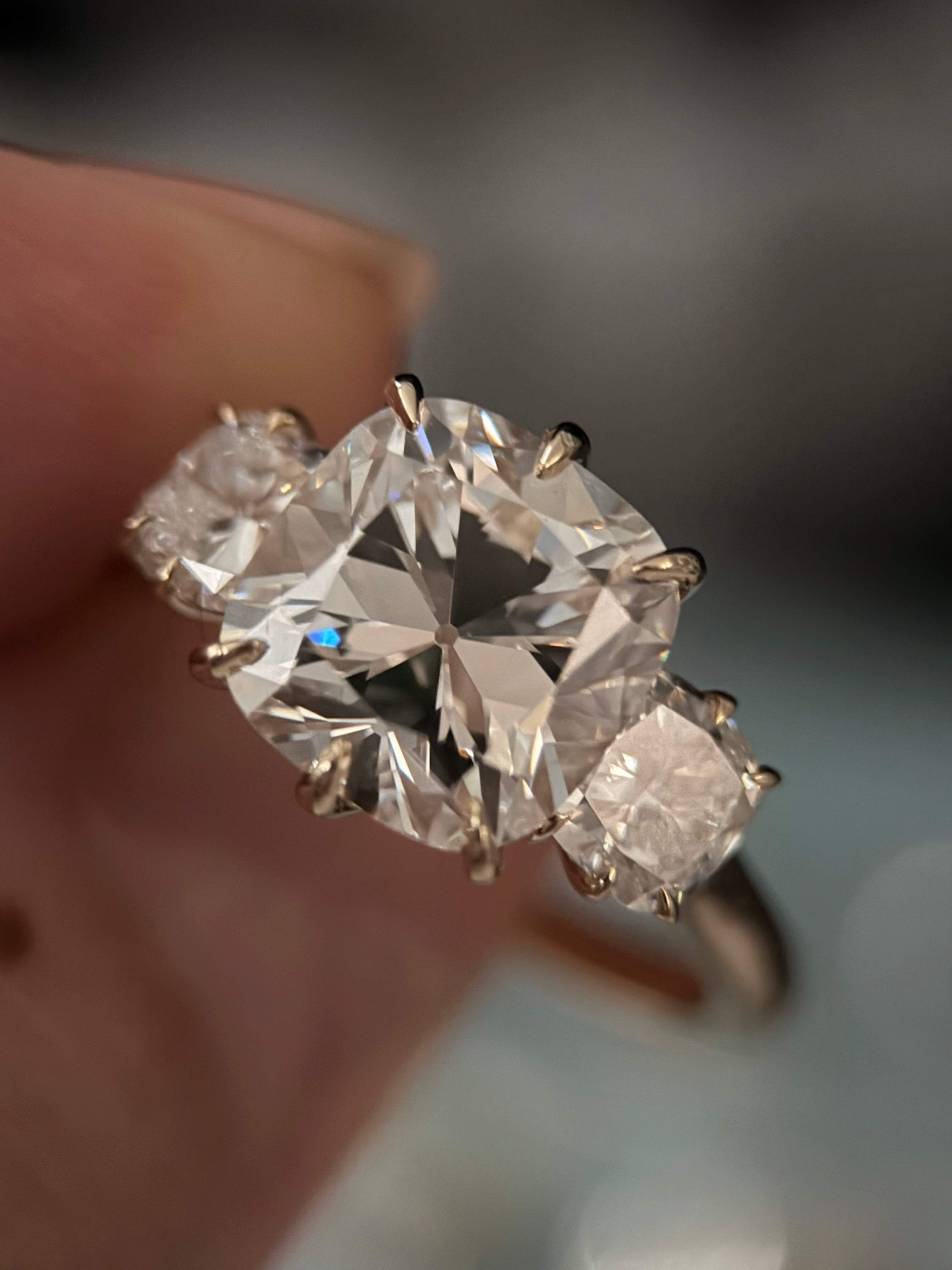 Antique Old Mine Cushion trilogy ring //3.07 ct center stone // 5 carat total weight