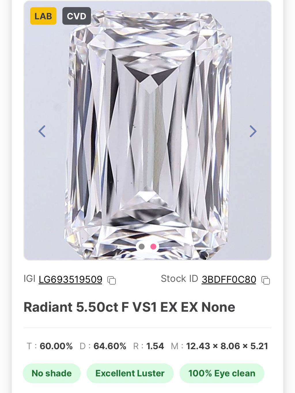 Radiant 5.50ct F VS1 EX EX Certified Labgrown Diamond