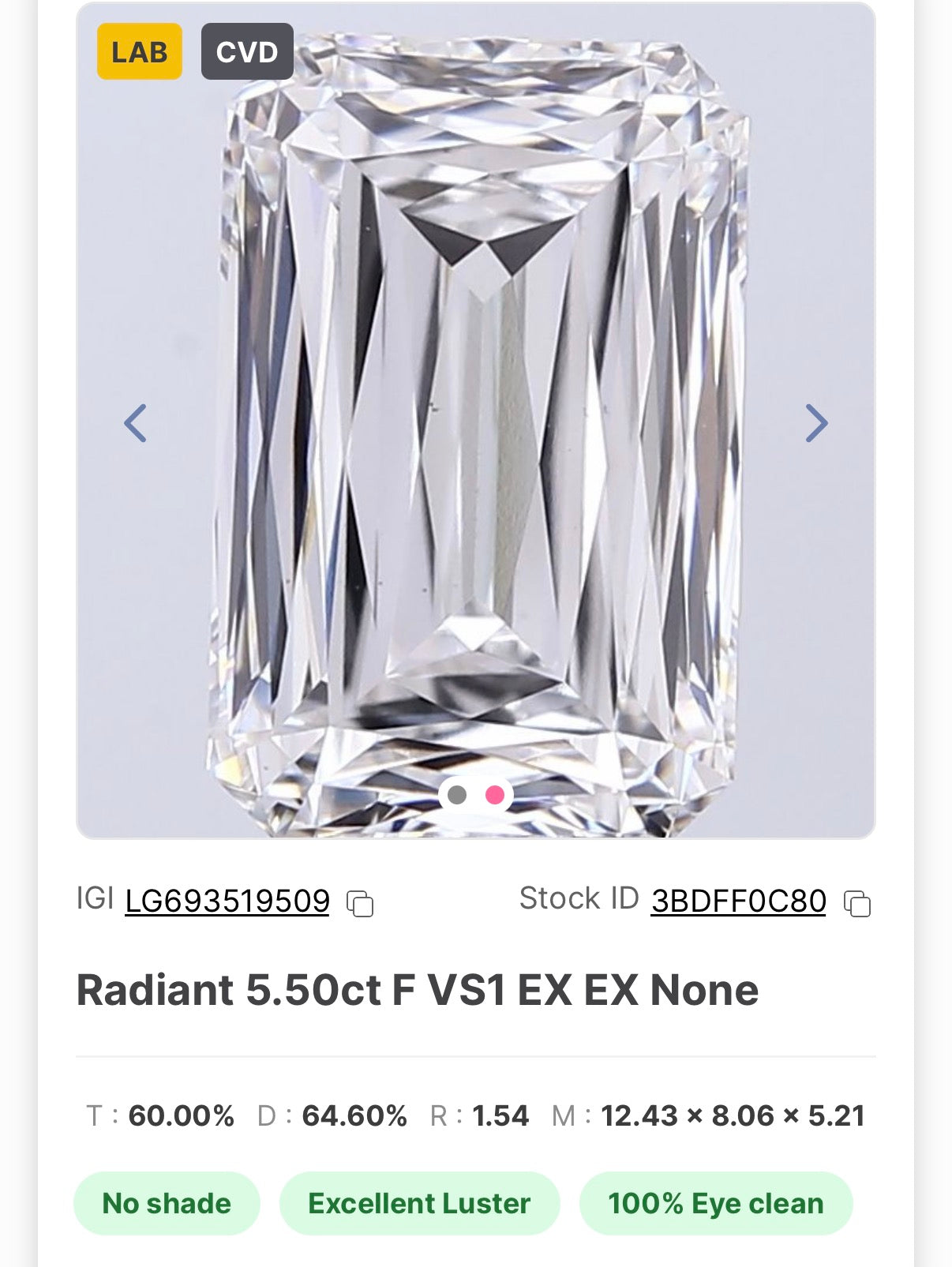 Radiant 5.50ct F VS1 EX EX Certified Labgrown Diamond