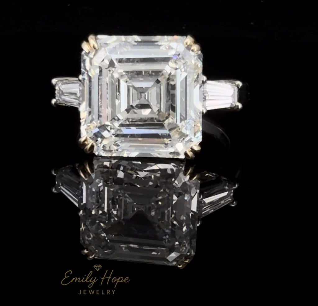 9 ctw Labgrown Asscher Diamond Engagement Ring with Tapered Baugettes in a Platinum and 14k Double Claw Prong Setting