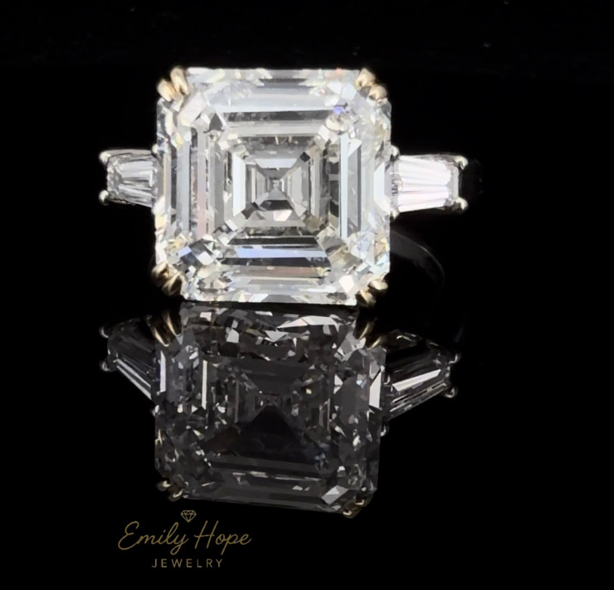 9 ctw Labgrown Asscher Diamond Engagement Ring with Tapered Baugettes in a Platinum and 14k Double Claw Prong Setting