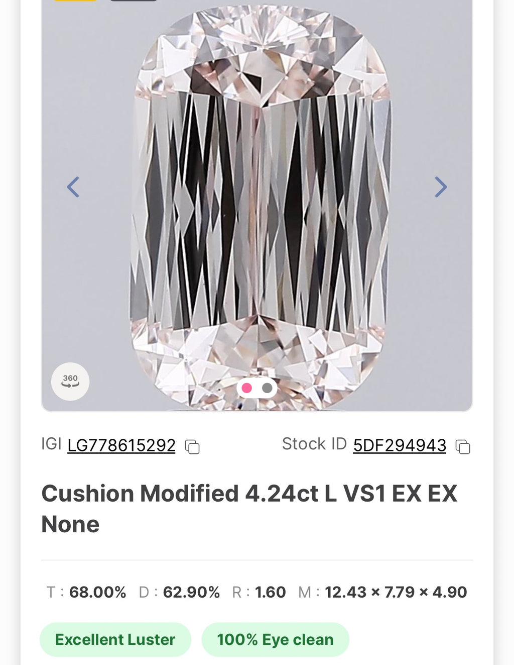 4.24ctw Cushion Modified L Color VVS2 certified Labgrown Diamond