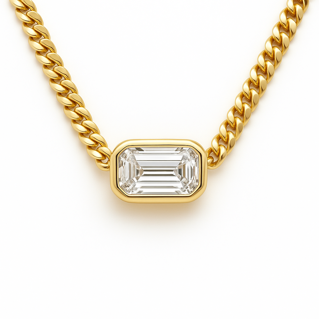 Bezel Set Emerald Diamond Paperclip Necklace