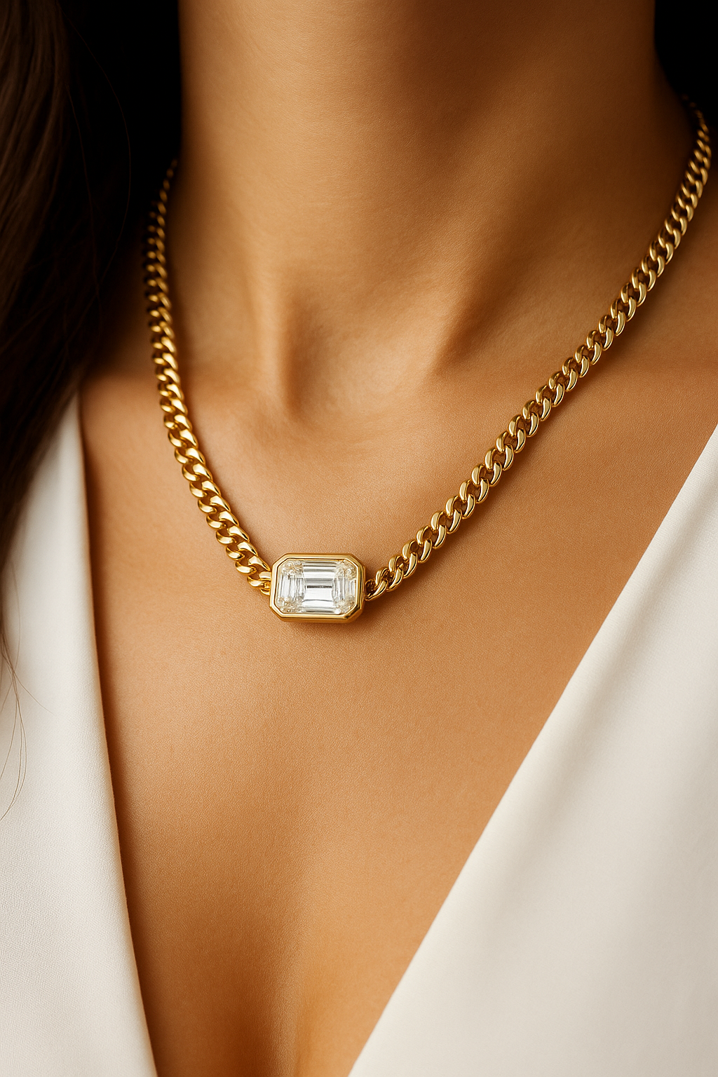 Bezel Set Emerald Diamond Paperclip Necklace