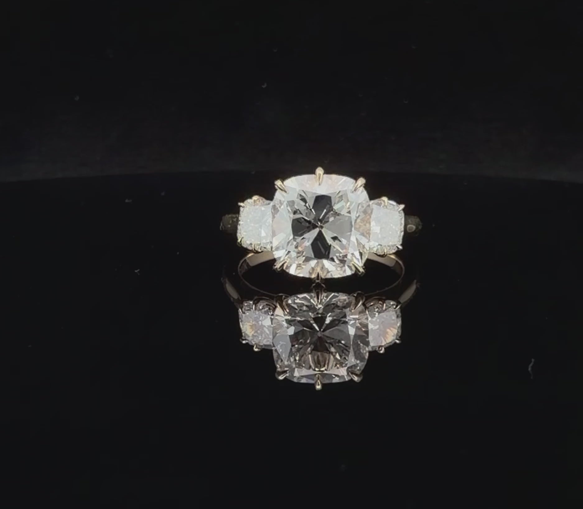 Antique Old Mine Cushion trilogy ring //3.07 ct center stone // 5 carat total weight