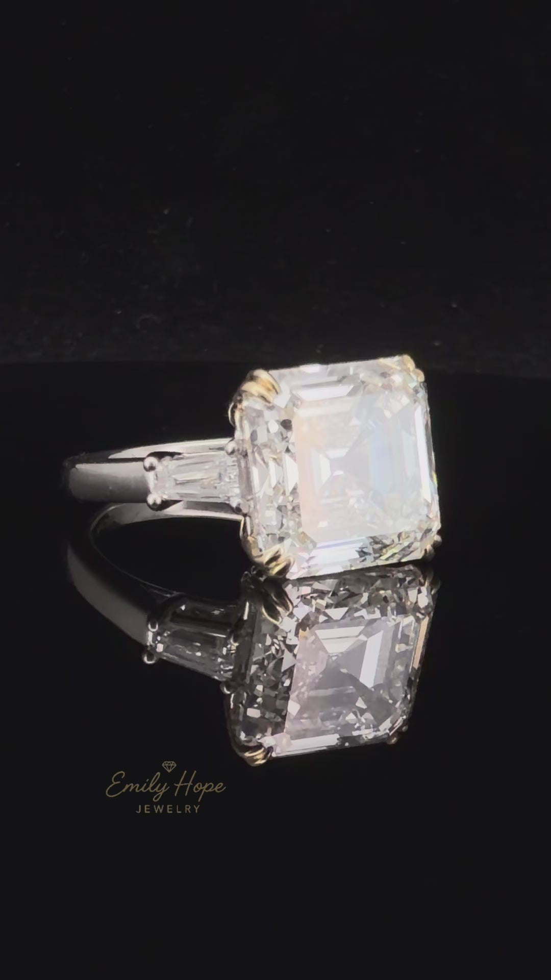 9 ctw Labgrown Asscher Diamond Engagement Ring with Tapered Baugettes in a Platinum and 14k Double Claw Prong Setting