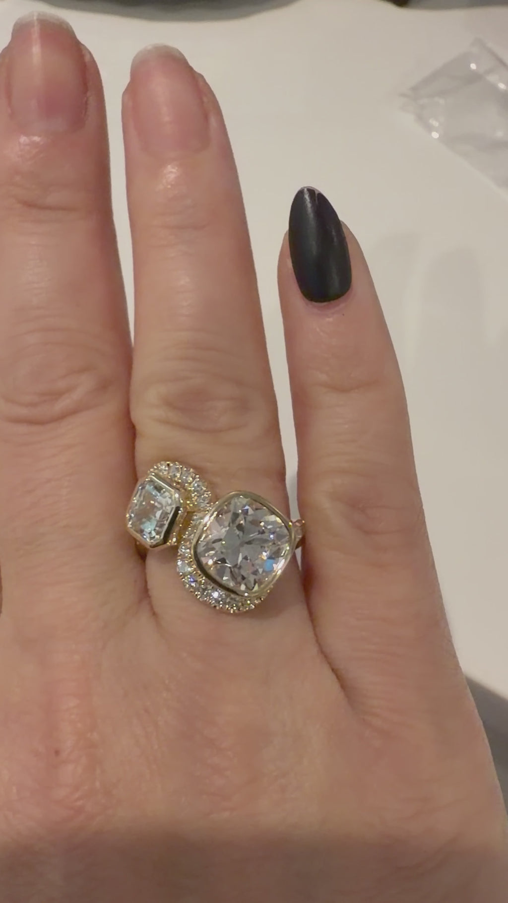 Two-Stone Diamond Ring – 3.11ct Old Mine Cushion & 1ct Asscher | Pavé Curved Band in 10K Yellow Gold