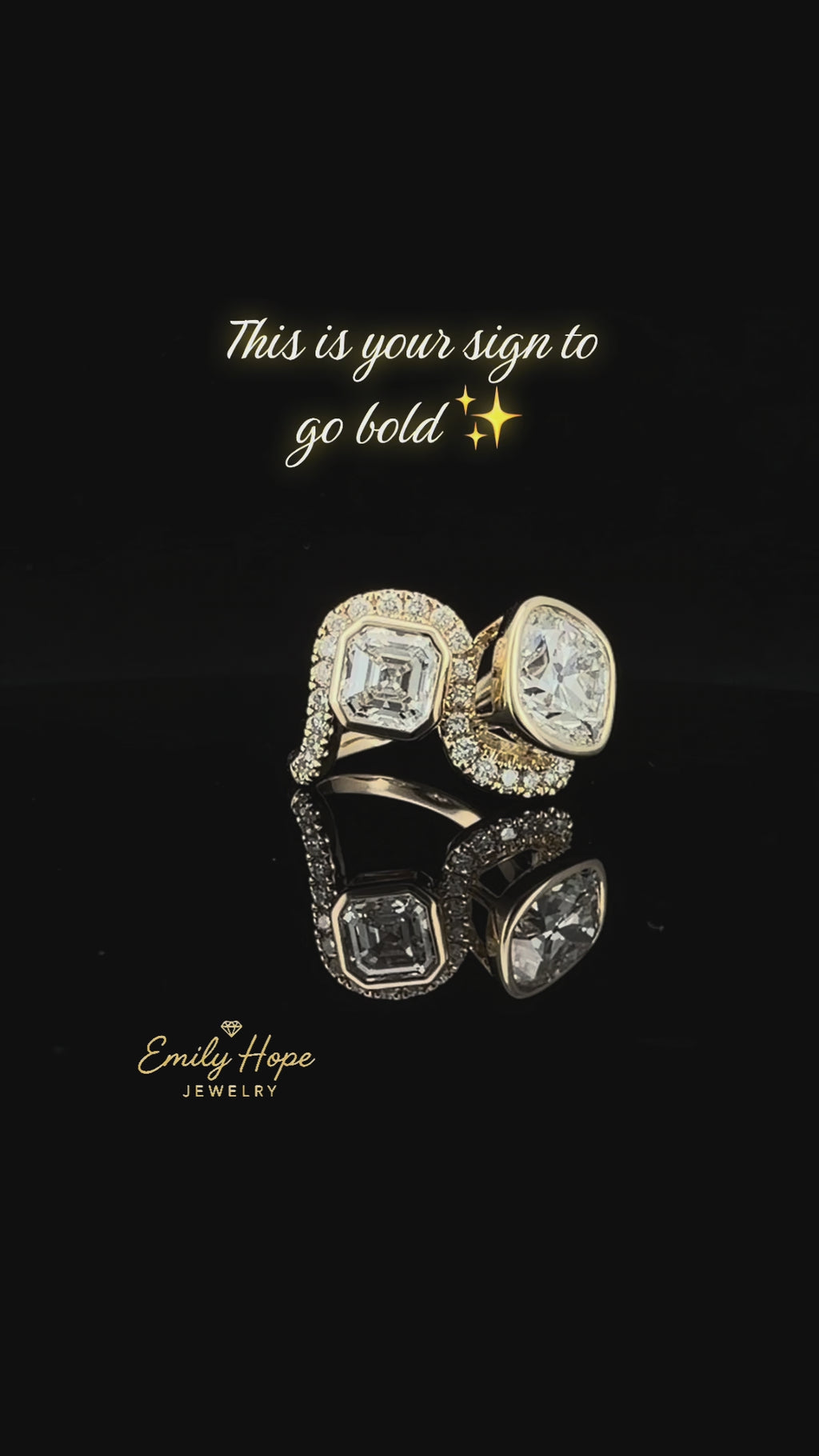 Two-Stone Diamond Ring – 3.11ct Old Mine Cushion & 1ct Asscher | Pavé Curved Band in 10K Yellow Gold